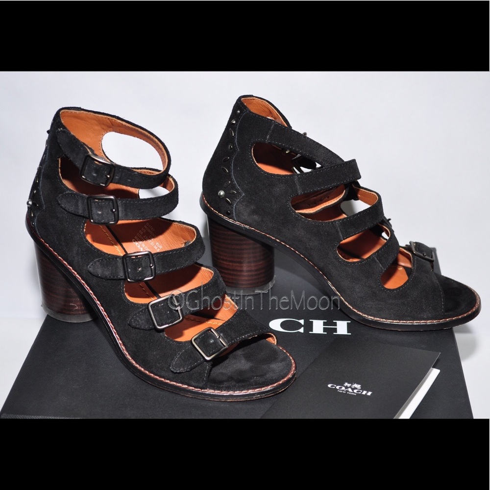 Coach Buckle Bootie Prairie Rivets Open Toe Suede - Picture 2 of 12